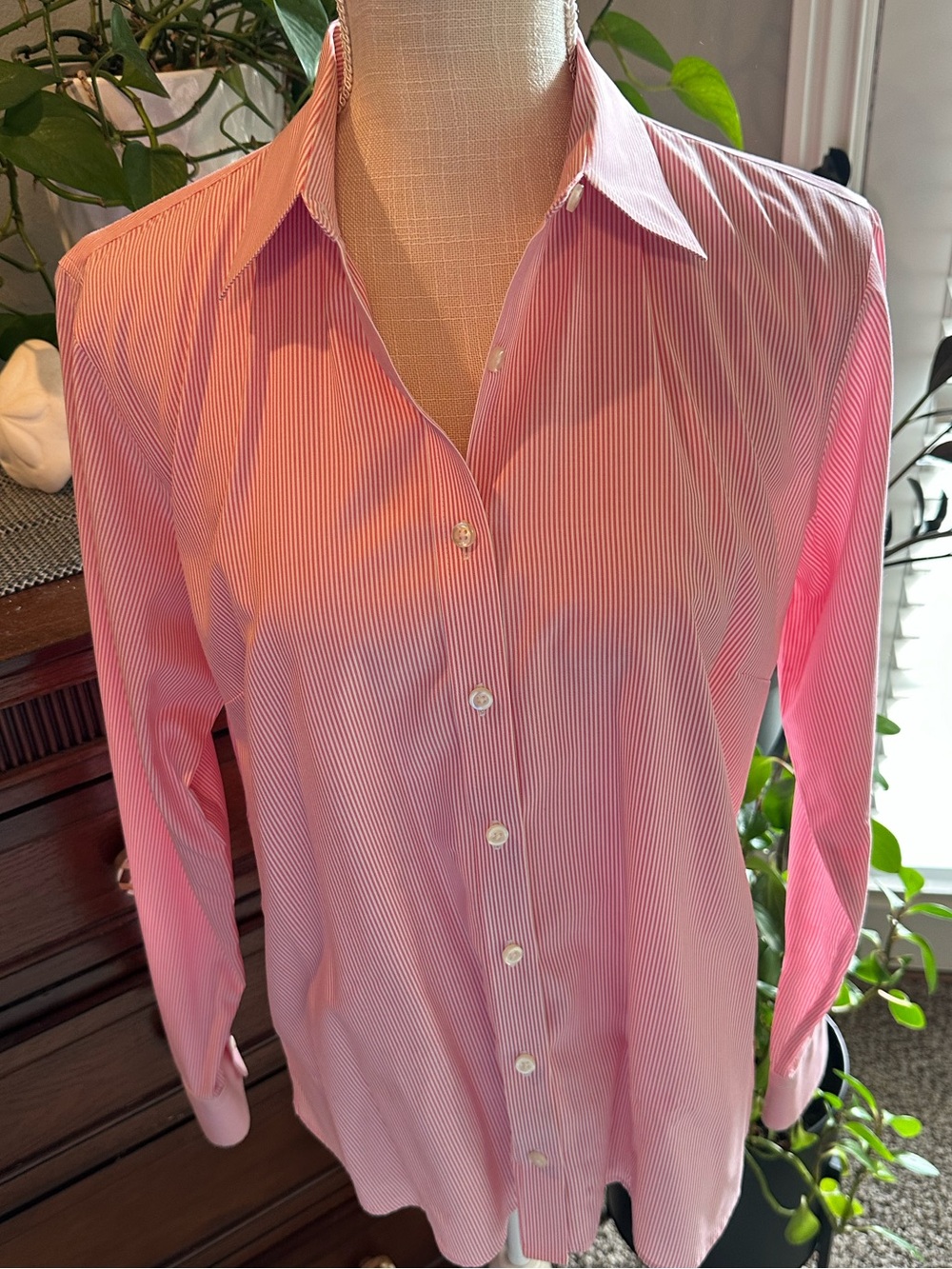 Lands End Red and White pin Striped Button-Down Shirt
